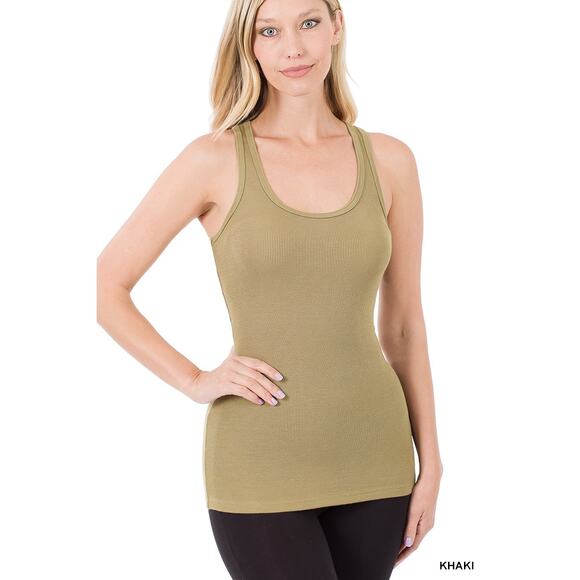 Zenana 2 Ribbed Racerback Tank Tops M white & khaki seamless super stretchy - Picture 3 of 6